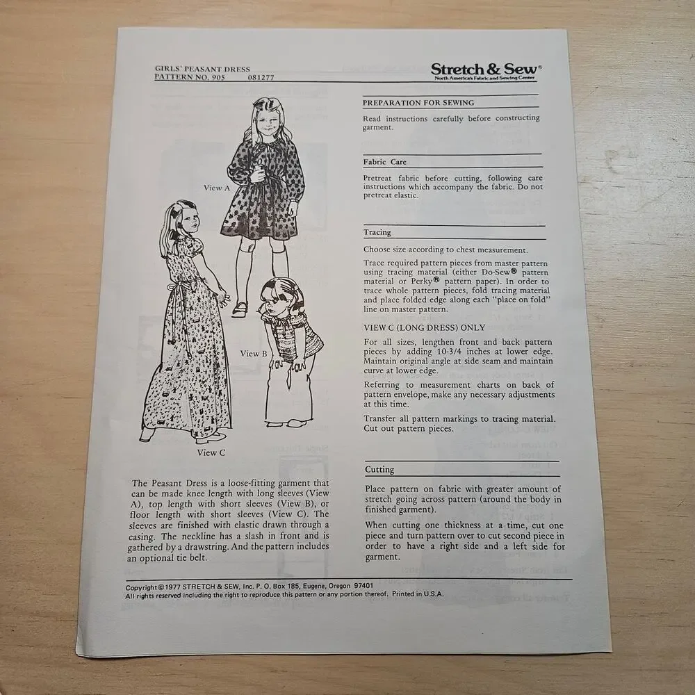 1979 Vintage 905 Girl's Peasant Dress & Blouse Stretch and Sew Chest Size 21-27